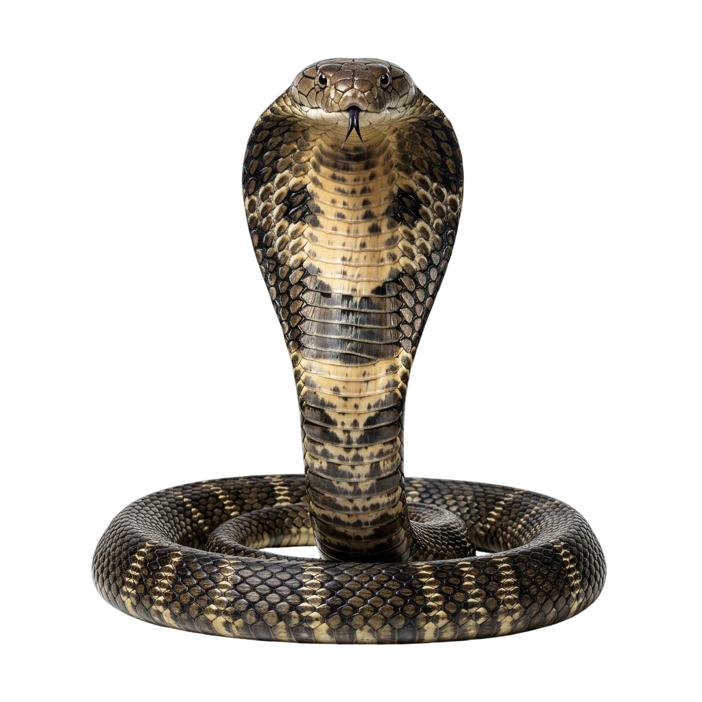 A cobra snake with its hood flared, standing upright against a black background