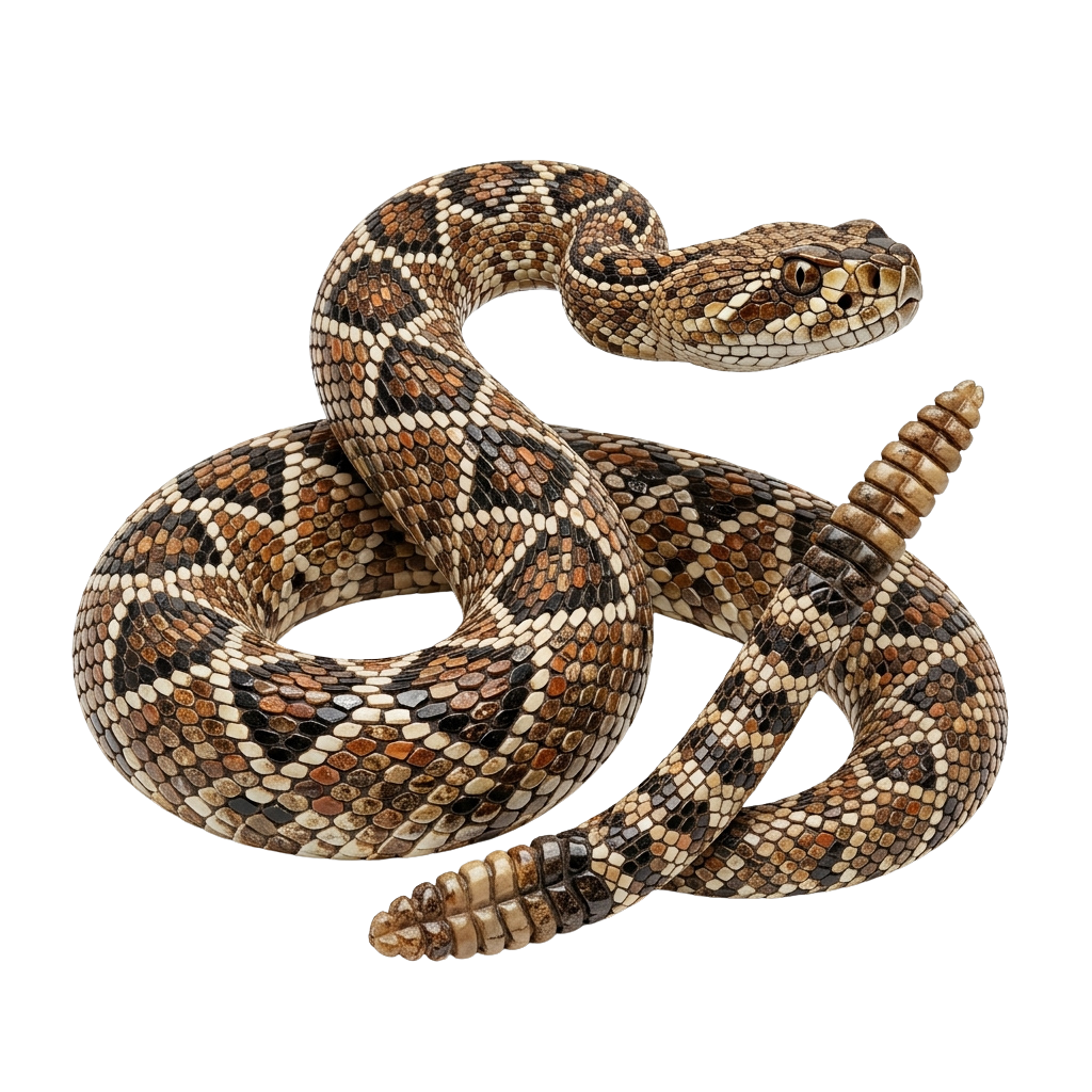 A coiled snake with intricate brown and cream patterned scales against a black background