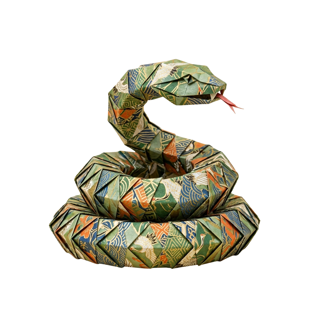 A detailed origami snake made from colorful patterned paper against a black background