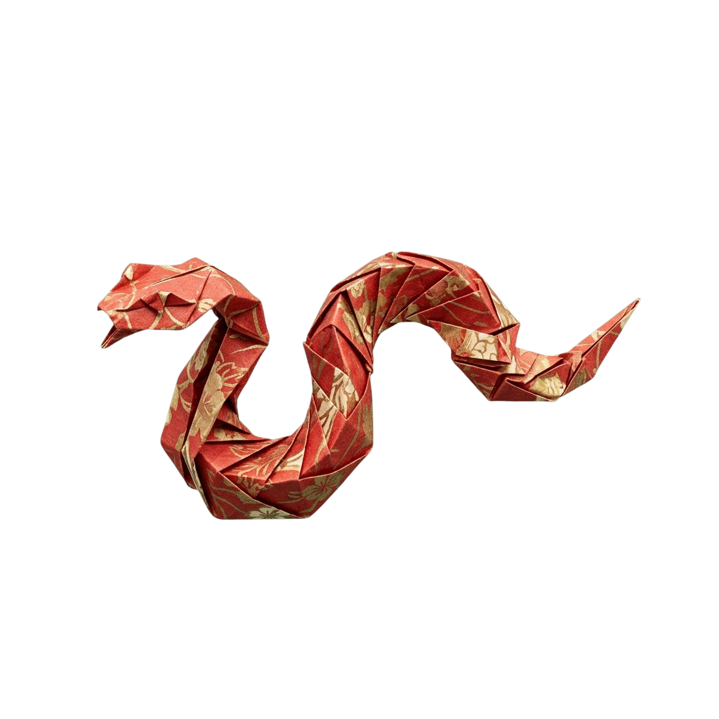 A red and gold origami snake with intricate patterns, coiled and posed dynamically against a black background