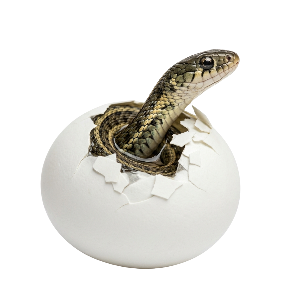 A snake emerging from a cracked white egg against a black background