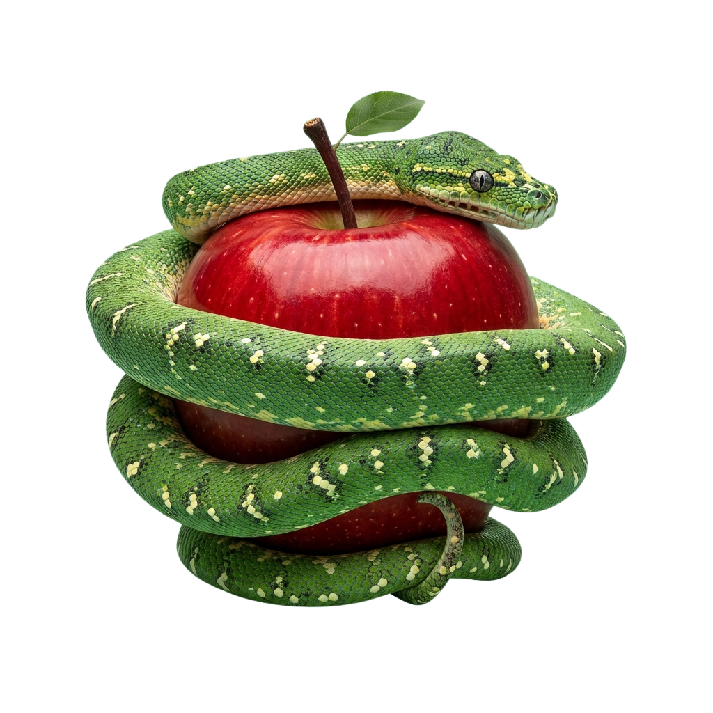 A green snake coiled around a red apple with a leafy stem
