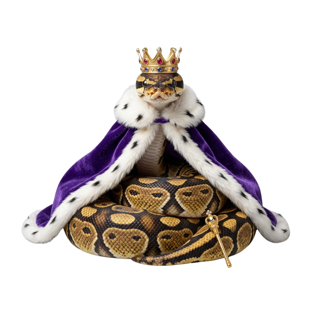 Ball python wearing a decorative crown and purple cape with white fur trim