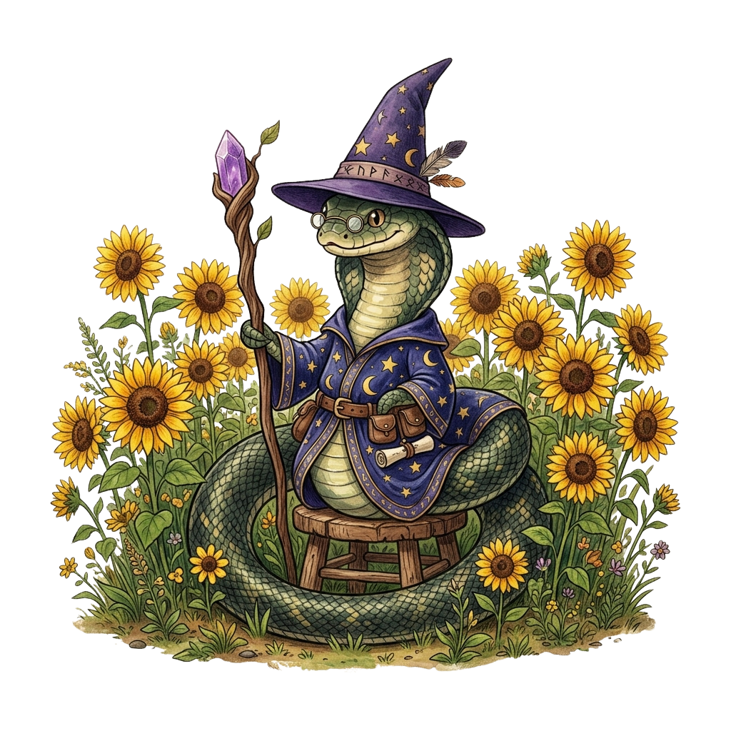 A cartoon lizard dressed as a wizard sitting on a stool among sunflowers, holding a staff and a glowing orb.