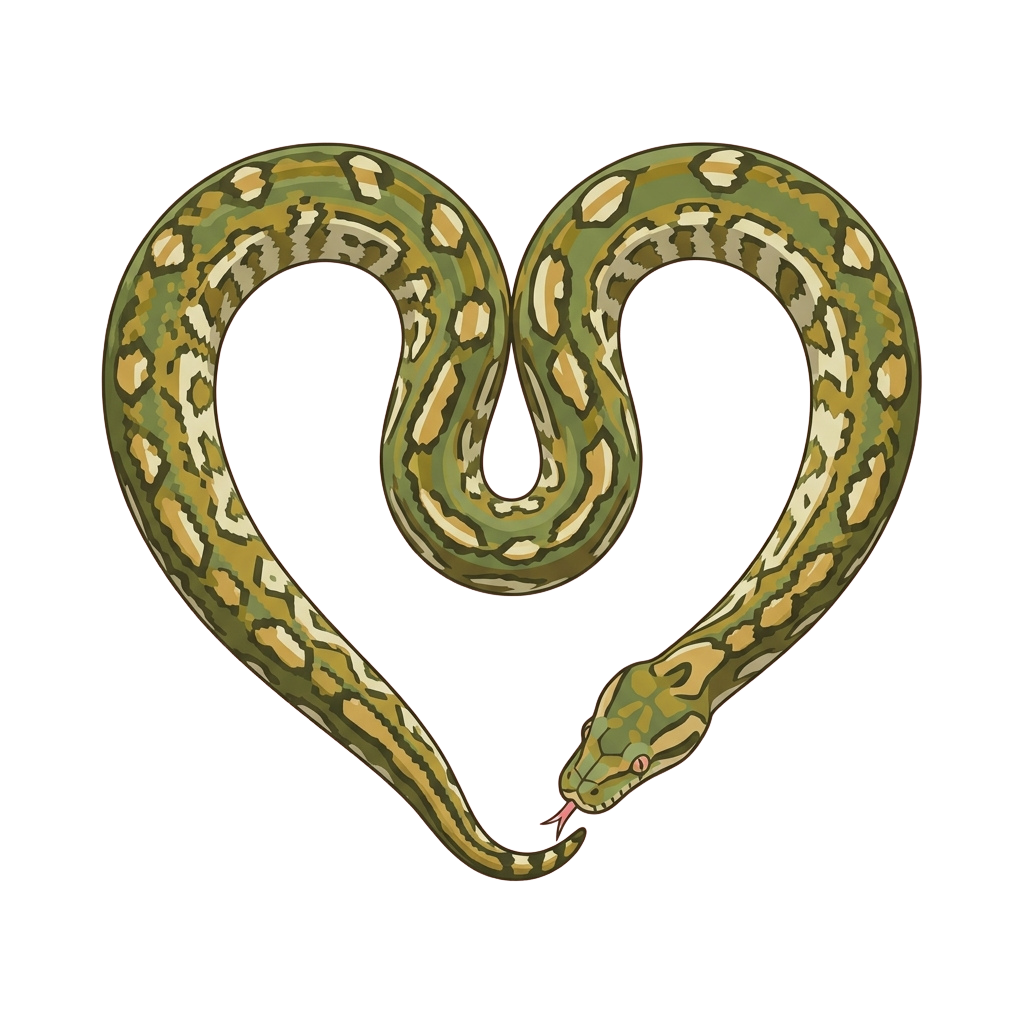 A snake curled into a heart shape with green and yellow patterned scales on a black background