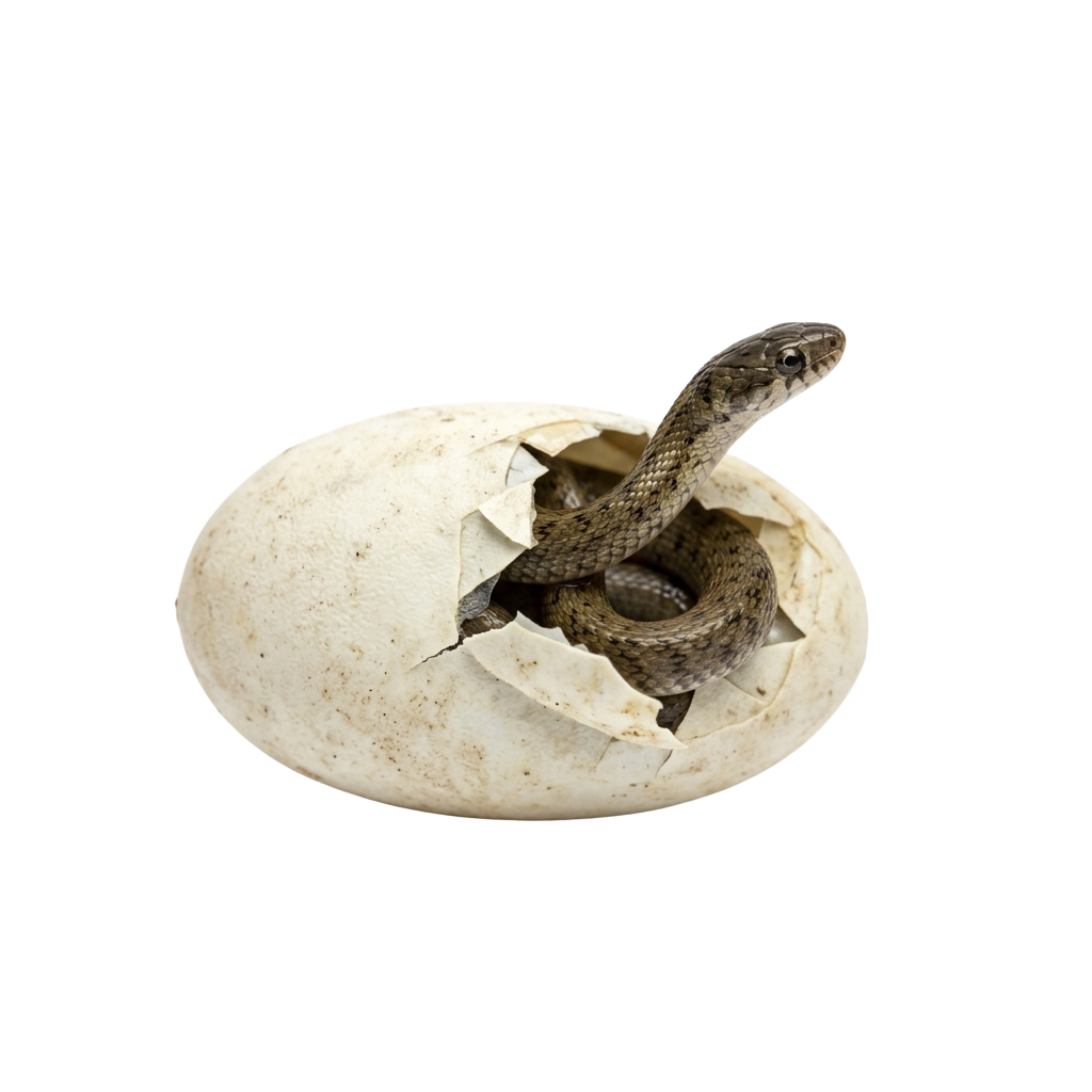 A small snake emerging from a cracked open eggshell