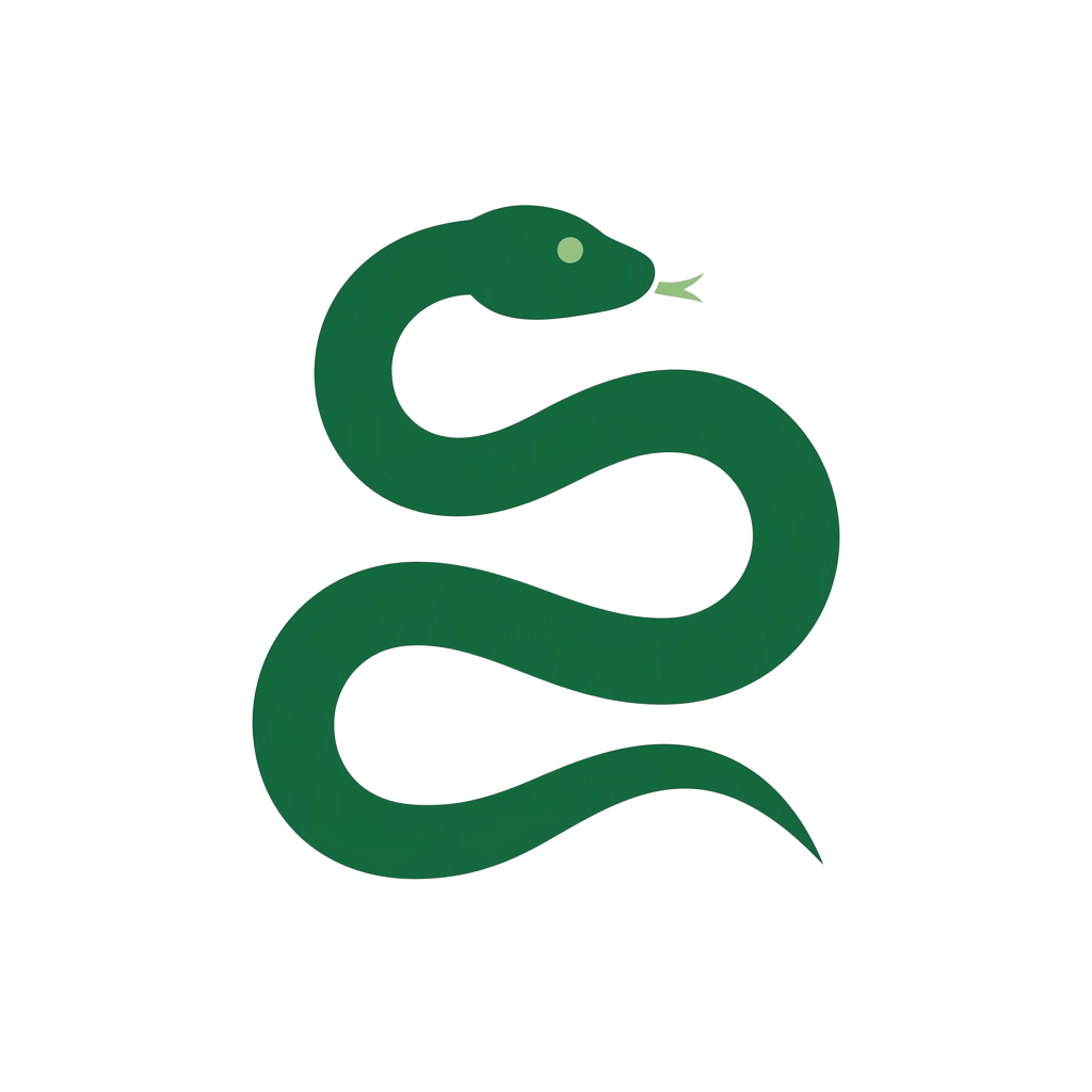 A green snake coiled on a black background with a small eye and tongue visible