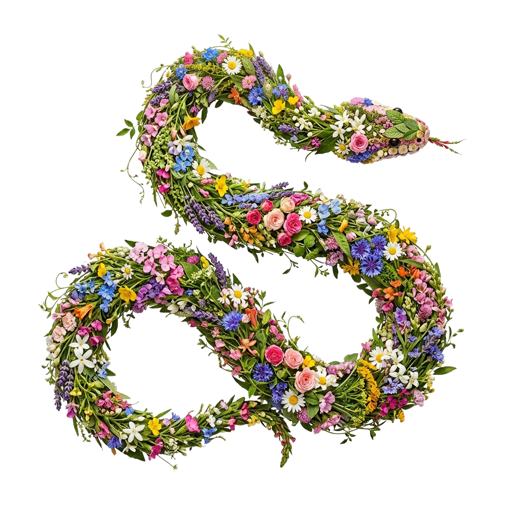 A decorative snake made of green vines and colorful flowers winding in an S shape