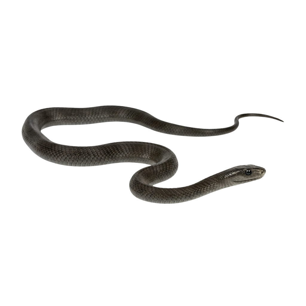 A gray snake coiled on a black background with smooth scales and a slender body