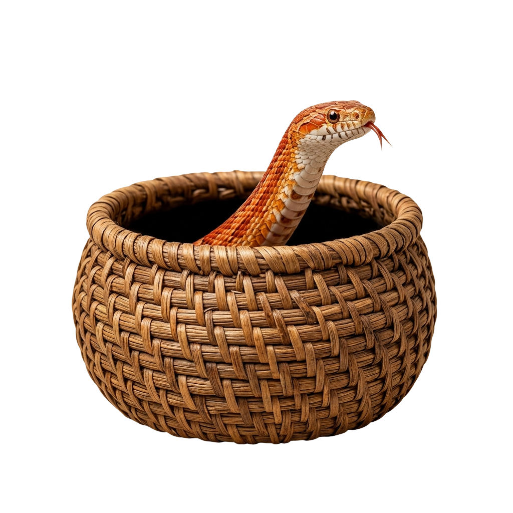 A cobra snake with orange, white, and black bands emerging from a woven basket.