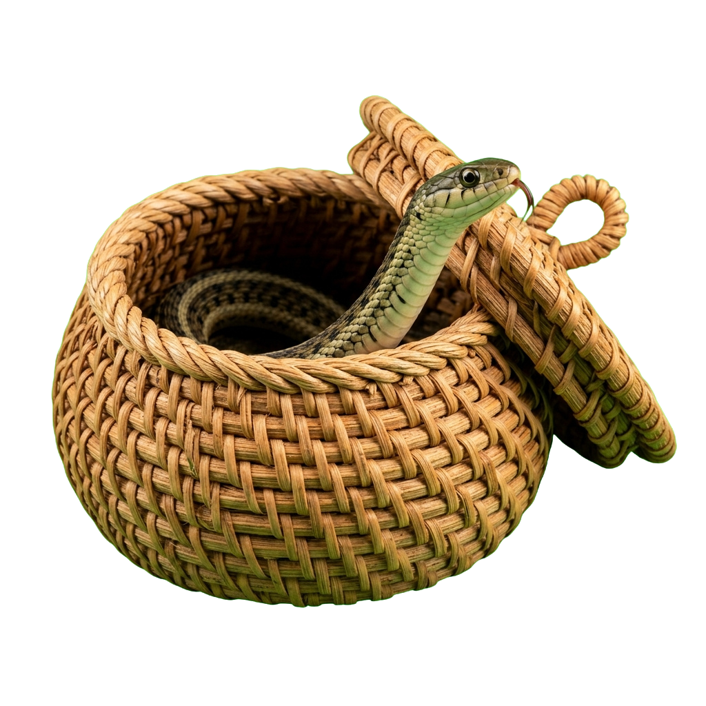 A woven basket with a coiled rope handle shaped like a snake emerging from the top.