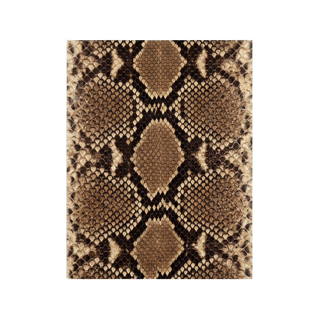 Close-up of a textured fabric with a snake skin pattern featuring brown and black diamond shapes and scales