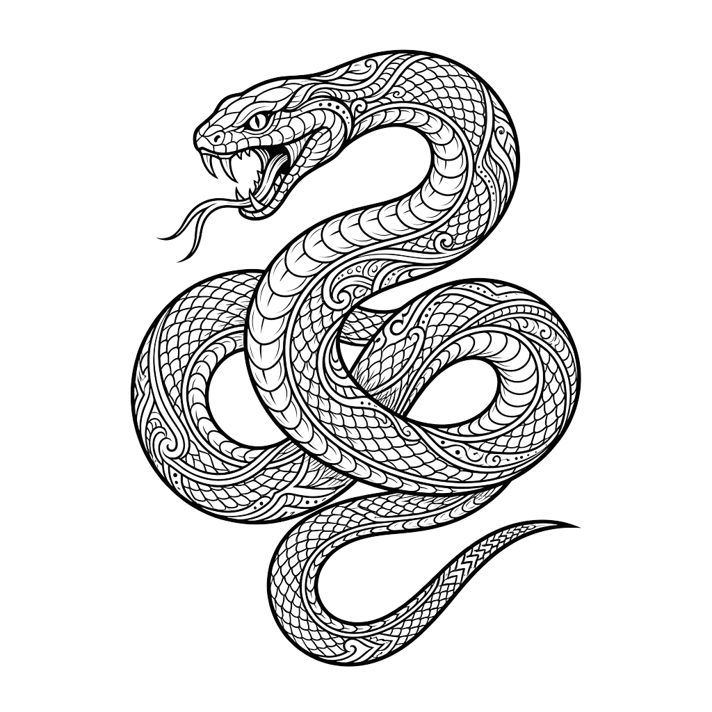 Detailed black and white illustration of a stylized snake with intricate patterns.