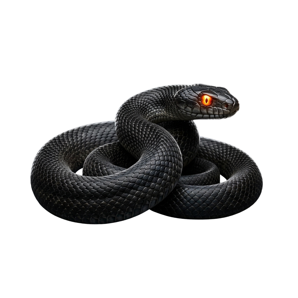 A coiled black snake with bright orange eyes against a dark background