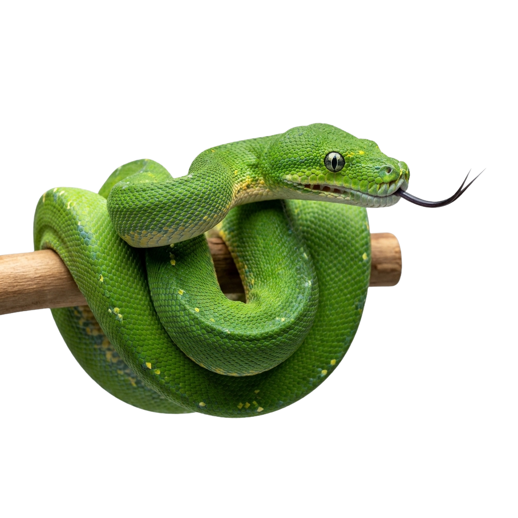 Green tree python coiled around a wooden branch with its head raised and mouth slightly open