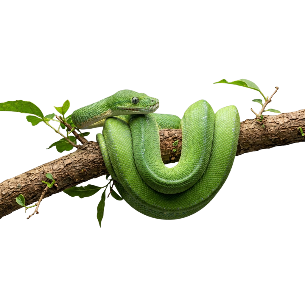 A green tree snake coiled around a wooden branch with small green leaves