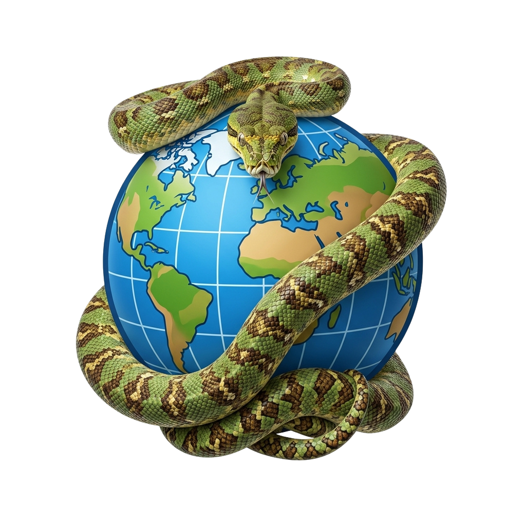 A snake coiled around a stylized globe with continents visible.
