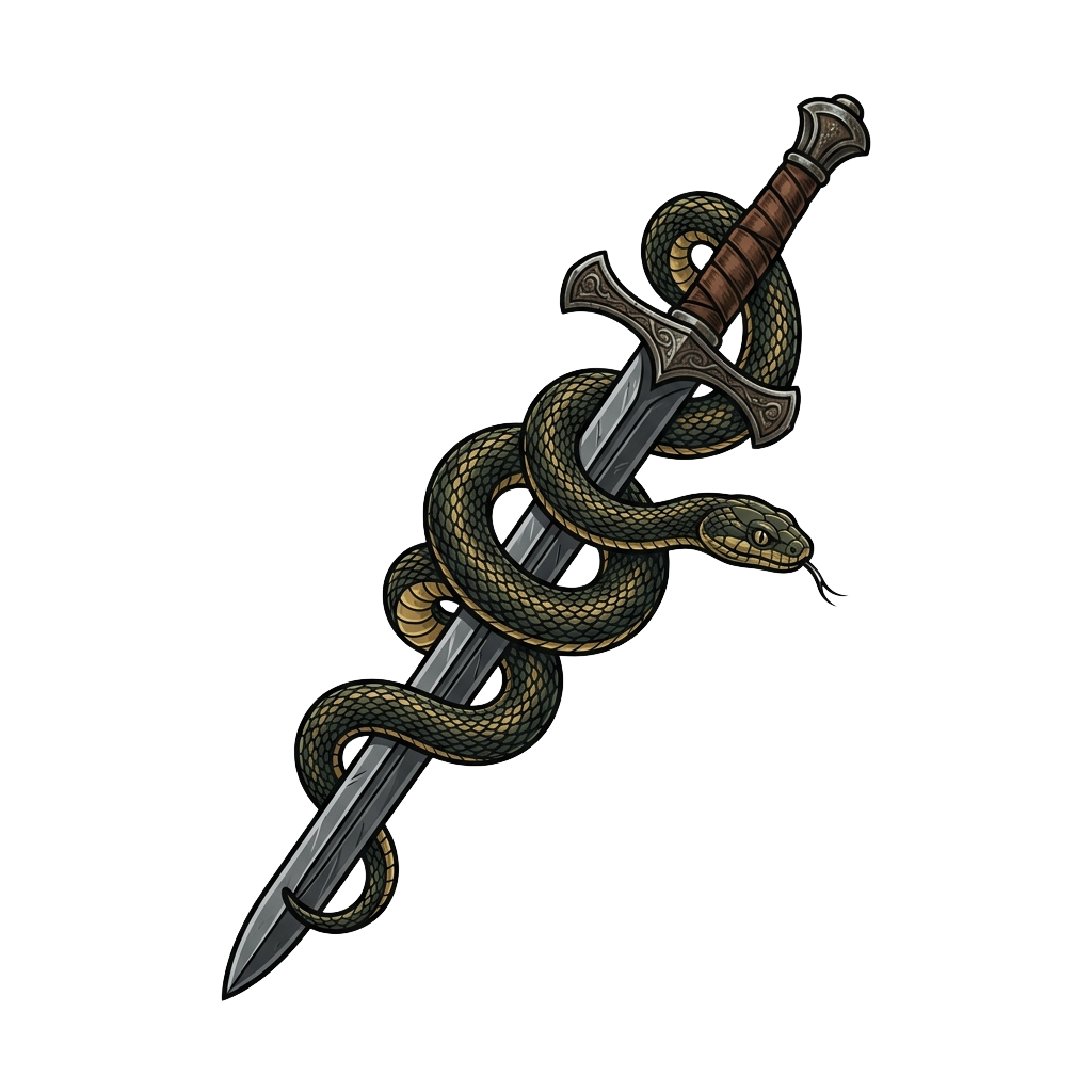 Illustration of a caduceus symbol featuring two snakes wrapped around a winged staff and a dagger blade