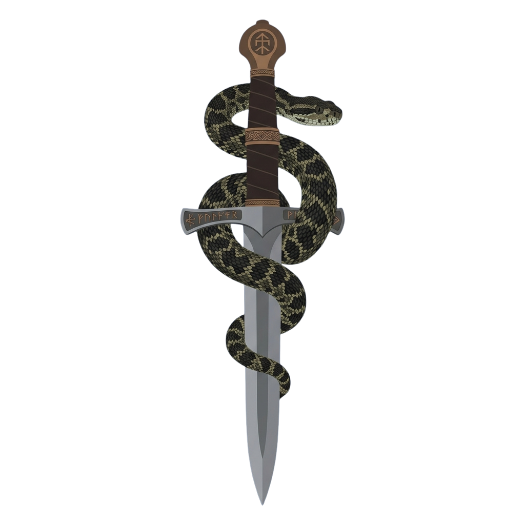 A stylized sword wrapped by a snake with a circular emblem at the hilt, resembling the caduceus symbol.