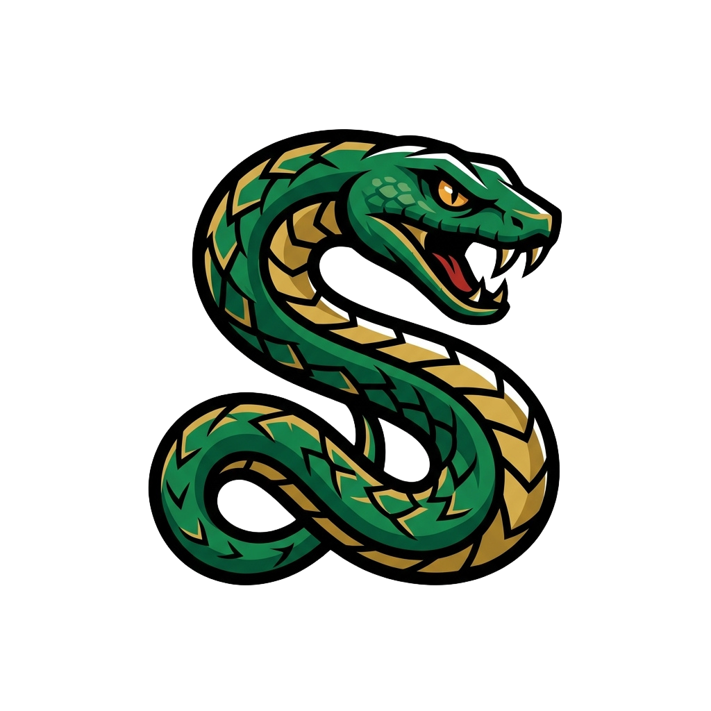 A stylized green snake coiled into the shape of the letter S with yellow and white scales, set against a black background