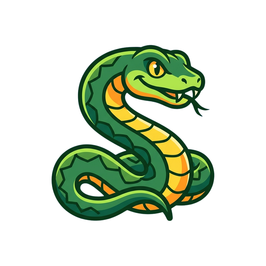 A stylized green snake with yellow stripes forming the letter S, smiling with a black background
