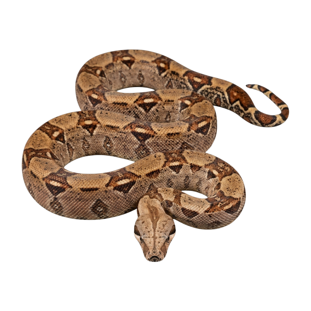 A coiled brown morph ball python with distinct patterns and a light-colored head