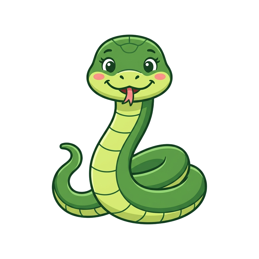 A cheerful cartoon snake with a smiling face and a forked tongue, coiled in a playful pose.