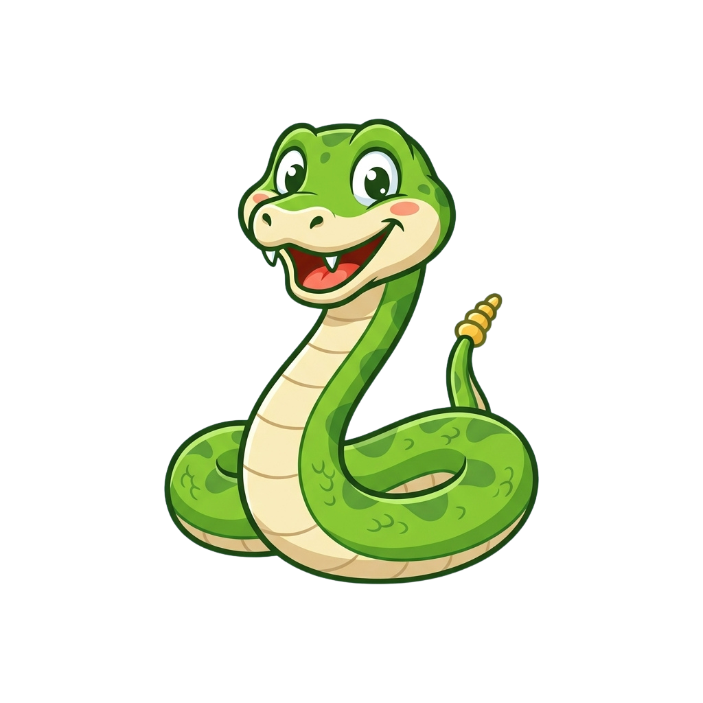 A cheerful cartoon snake with a smiling face and friendly expression.