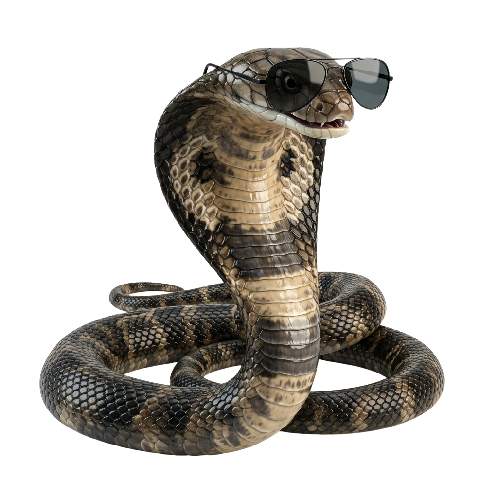 A stylized cobra snake with its hood raised, wearing black sunglasses against a black background