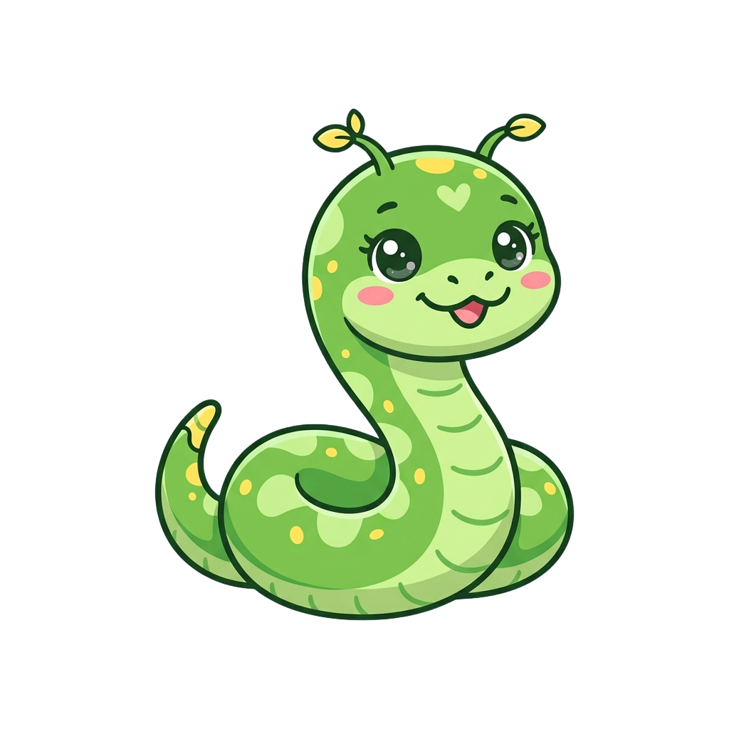A cheerful cartoon green snake with a smiling face and small antennae on its head