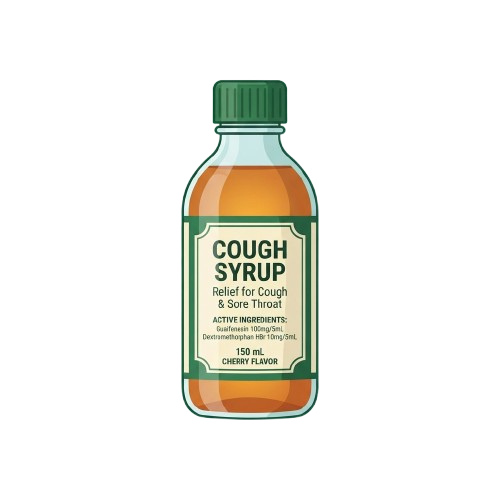Illustration of a green-labeled cough syrup bottle showing relief for cough and sore throat with 150 ml cherry flavor.