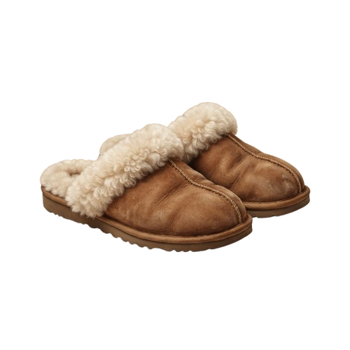Pair of brown sheepskin slippers featuring thick white fur lining on top