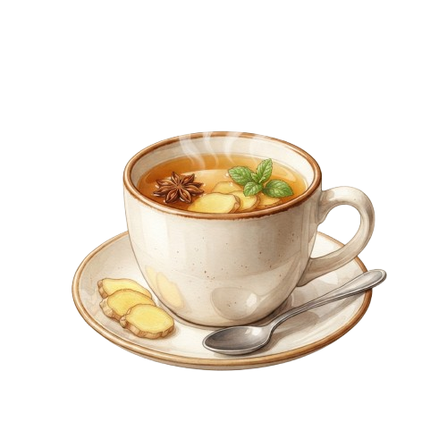 A cup of spiced tea with ginger slices, star anise, and fresh mint leaves on a saucer with a spoon