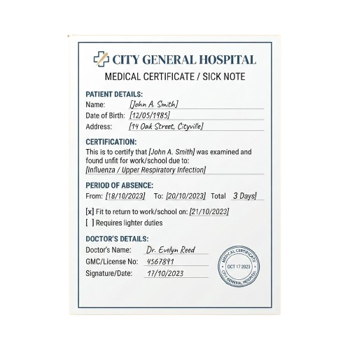 Medical certificate showing patient details, absence period, and doctor signature for influenza infection