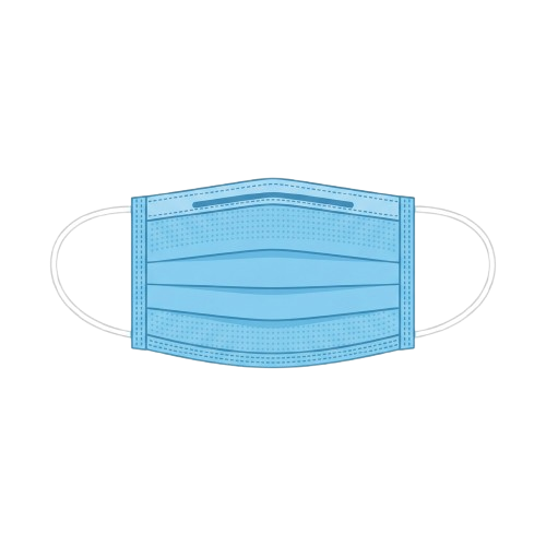 A light blue disposable face mask with white ear loops against a black background
