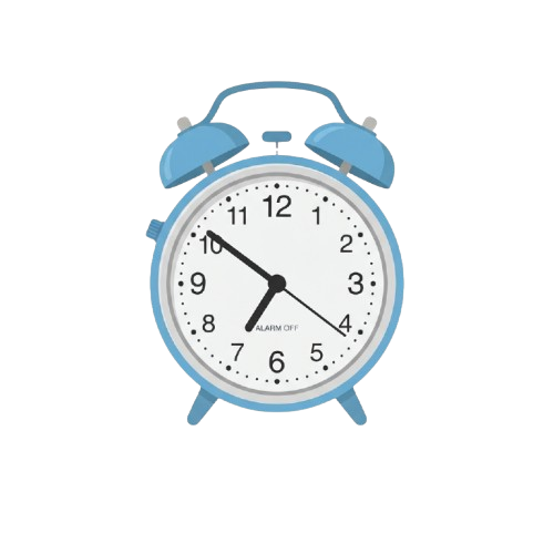 Blue alarm clock showing time 10:08 with alarm off indicator