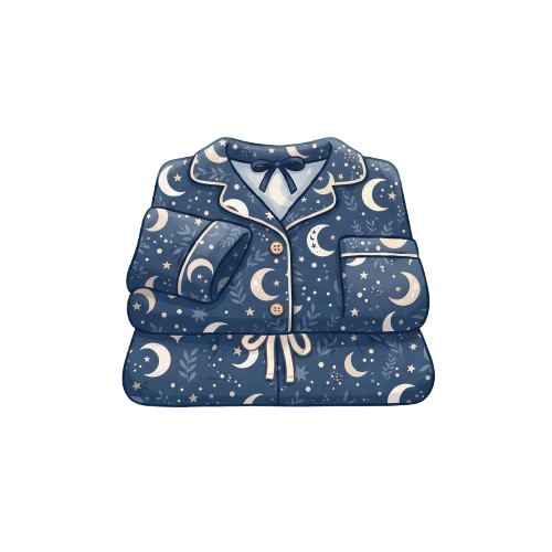Illustration of a blue robe with white moon and star patterns, featuring a tie closure and pockets
