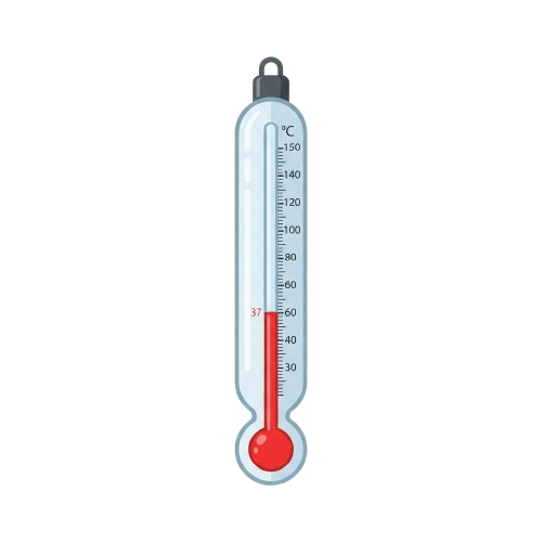 A vertical thermometer with red liquid indicating a temperature of 37 degrees Celsius