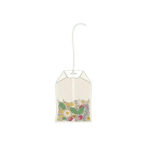A white tea bag with colorful floral pattern hanging from a hook