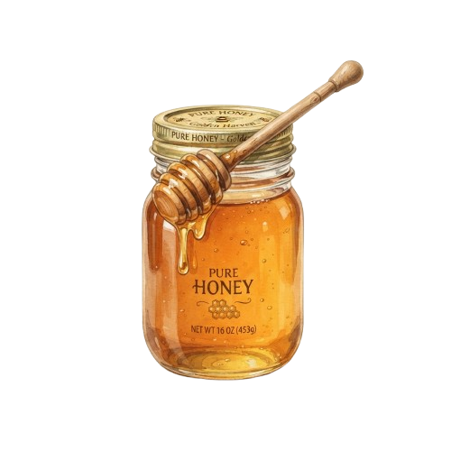 A glass jar of pure honey with a wooden honey dipper on top, dripping golden honey.