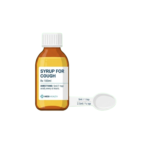 Bottle of cough syrup with a measuring spoon showing dosage instructions