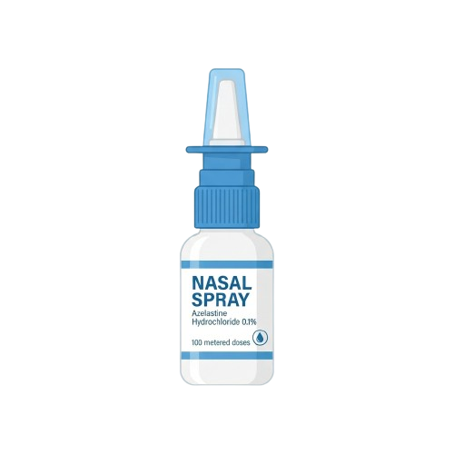 Blue and white nasal spray bottle labeled Azelastine Hydrochloride 0.1% with 100 metered doses