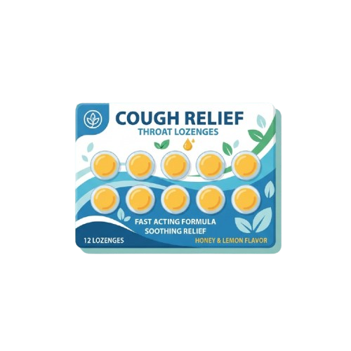 Pack of 12 honey and lemon flavored cough relief throat lozenges with fast-acting formula