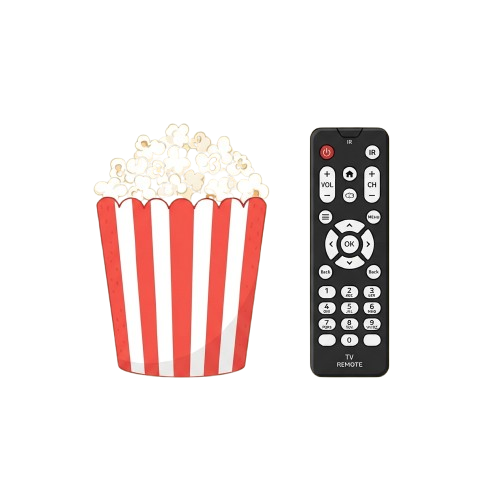 A popcorn bucket filled with popcorn next to a TV remote control on a black background
