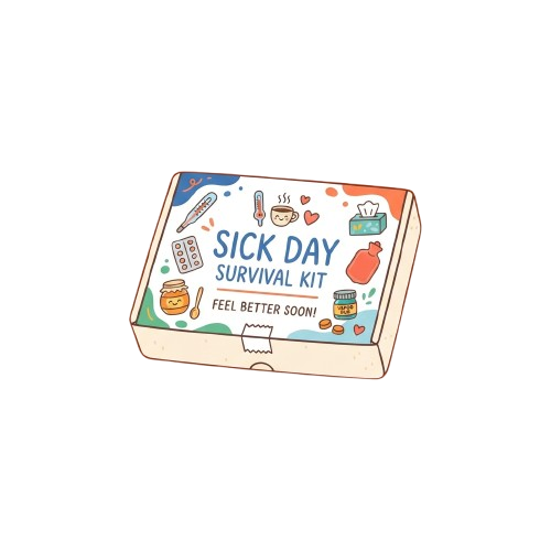 Illustration of a box labeled Sick Day Survival Kit with icons of medicine, tea, and comfort items