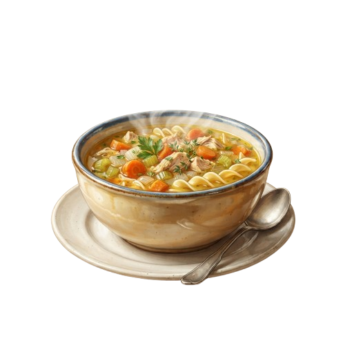 A steaming bowl of chicken noodle soup with carrots, celery, and pasta on a white plate with a spoon.
