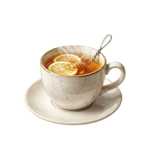 A white ceramic cup filled with steaming honey lemon tea, placed on a matching saucer with a spoon resting inside