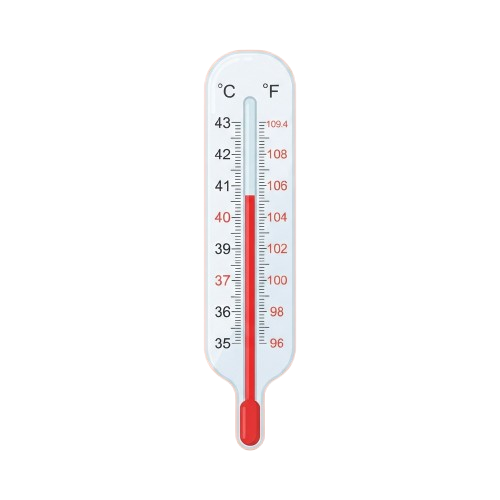 A thermometer displaying a temperature reading of 40 degrees Celsius and 104 degrees Fahrenheit