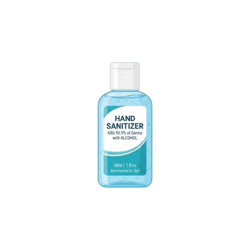 A clear bottle of hand sanitizer with a white pump dispenser against a plain background