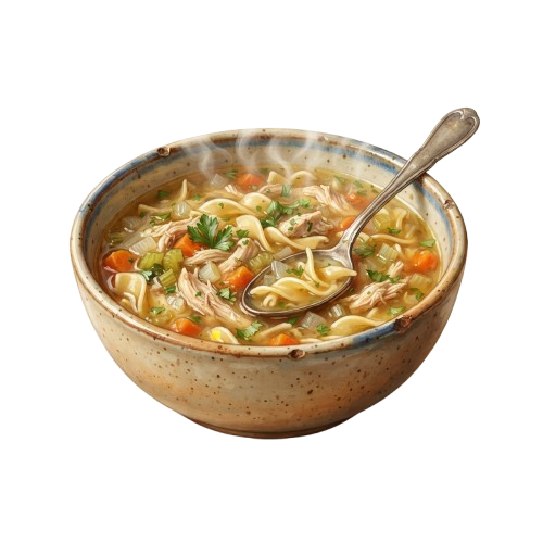 A ceramic bowl filled with chicken noodle soup containing chunks of chicken, vegetables, and noodles with a spoon resting inside.